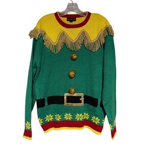 Blizzard Bay Green & Yellow Elf-Themed Sweater W/ Fringe & Pom Details Medium